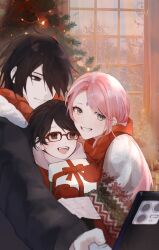 1boy 2girls black_eyes black_hair black_jacket boruto:_naruto_next_generations christmas christmas_tree family father_and_daughter gift gloves green_eyes haruno_sakura highres hug husband_and_wife jacket mother_and_daughter multiple_girls naruto_(series) open_mouth phone pink_hair red_eyes red_gloves red_scarf renyiyigeren scarf selfie short_hair smile uchiha_sarada uchiha_sasuke window winter_clothes