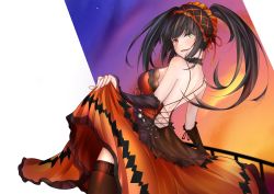 1girl absurdres arm_warmers backless_dress backless_outfit bare_shoulders black_hair blush breasts capelet choker clock_eyes clothes_lift clothing_cutout cross-laced_clothes cross-laced_cutout date_a_live dress dutch_angle female_focus hairband heterochromia highres lace lace_choker lifting_own_clothes lolita_hairband looking_at_viewer low-cut medium_breasts mr2d over_shoulder red_eyes sideboob skirt skirt_hold skirt_lift smile solo symbol-shaped_pupils thighhighs tokisaki_kurumi twintails white_background yellow_eyes