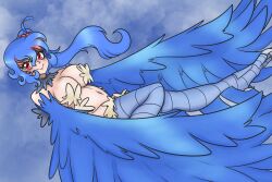 1girl ahoge bird_legs blue_feathers blue_hair blue_wings blush breasts caramella_licarush commentary feathered_wings feathers hair_bun harpy highres large_breasts long_hair mole mole_under_mouth monster_girl multicolored_hair navel neck_feathers original red_eyes red_hair side_ponytail single_side_bun smile solo streaked_hair talons wavy_hair winged_arms wings