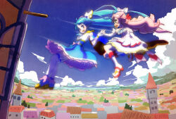 Rule 34 | 2girls, ankle boots, ascot, blue boots, blue cape, blue dress, blue eyes, blue hair, blue sky, boots, bow, braid, brooch, cape, cityscape, cloud, cloudy sky, commentary, cure prism, cure sky, detached sleeves, dress, dress bow, ei (eikun), elbow gloves, fingerless gloves, frilled dress, frills, glove bow, gloves, gradient hair, green eyes, hair bow, hair ornament, hirogaru sky! precure, jewelry, jumping, knee boots, layered dress, long hair, looking at another, looking back, magical girl, medium dress, multicolored hair, multiple girls, nijigaoka mashiro, open mouth, pink bow, pink hair, precure, puffy detached sleeves, puffy sleeves, red cape, side braids, sky, sleeveless, sleeveless dress, smile, sora harewataru, streaked hair, thighhighs, twintails, two-sided cape, two-sided fabric, two-tone dress, two-tone hair, very long hair, white ascot, white boots, white bow, white dress, white gloves, white thighhighs, wing brooch, wing hair ornament