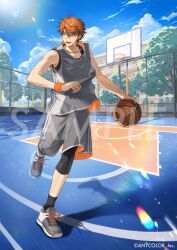 1boy :d ball bare_arms bare_shoulders basketball basketball_(object) basketball_court basketball_hoop basketball_uniform black_leggings black_socks black_undershirt blue_eyes building cloud collarbone copyright_notice day fangs full_body grey_shoes grey_shorts grey_tank_top hair_between_eyes holding holding_ball jewelry kitami_yusei kurohal leggings looking_to_the_side male_focus necklace nijisanji official_art open_mouth orange_hair outdoors running sample_watermark shadow shoes short_hair shorts smile sneakers socks solo sportswear sun tank_top tree virtual_youtuber watermark wristband