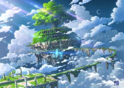 2others abandoned animal arrow_(symbol) bird bug building cityscape cloud crescent_moon day fantasy floating_rock glowing highres lamppost lens_flare moon multiple_others no_humans original outdoors overgrown oversized_animal pillar post-apocalypse railroad_tracks ruins scenery science_fiction sign sky spider stairs stone_stairs tokyogenso train tree
