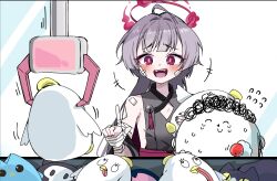 +++ 1boy 1girl :d absurdres bandaged_arm bandages bandaid bandaid_on_cheek bandaid_on_face blue_archive born_to_kayoko commentary_request crane_game detached_sleeves doodle_sensei_(blue_archive) flying_sweatdrops from_inside gauze gauze_on_cheek grey_hair hair_between_eyes halo highres japanese_clothes laughing long_hair looking_at_viewer open_mouth peroro_(blue_archive) pointing pointy_ears red_eyes sensei_(blue_archive) short_sleeves shuro_(blue_archive) sidelocks simple_background smile stuffed_animal stuffed_bird stuffed_toy wide_sleeves