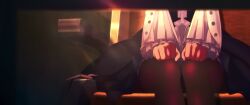 Rule 34 | 1girl, blurry, blurry foreground, buttons, evening, frills, hands on own knee, highres, long sleeves, lower body, overskirt, pantyhose, sitting, solo, sunlight, table, train interior, vivian banshee, zenless zone zero