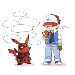... 2boys animal_ears animification ash_ketchum ash_ketchum_(cosplay) avengers_(series) baseball_cap belt black_bodysuit black_footwear black_shirt blue_pants blue_vest bodysuit brown_belt brown_eyes brown_hair buttons chibi chinese_commentary clenched_hand closed_mouth commentary_request cosplay crossed_arms crossover deadpool deadpool_(cosplay) deadpool_(series) denim facial_hair fingerless_gloves full_body game_freak gen_1_pokemon gloves green_gloves hand_up hat highres holding holding_poke_ball katana looking_at_another looking_down male_focus marvel multiple_boys nintendo open_clothes open_vest pants pikachu pocket poke_ball pokemon pokemon_(anime) pokemon_(classic_anime) pokemon_(creature) red_bodysuit red_hat shadow shirt shoes short_hair short_sleeves simple_background sneakers speech_bubble standing superhero_costume sword t-shirt tail tony_stark two-tone_bodysuit two-tone_footwear two-tone_hat v-shaped_eyebrows vest weapon weapon_on_back white_background white_footwear white_hat wodeyongheng