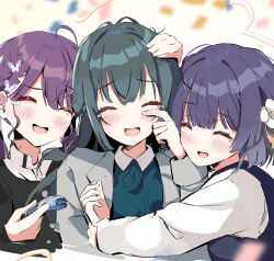3girls ahoge blush closed_eyes commentary_request confetti flower gakuen_idolmaster gokugetsu_academy_school_uniform green_hair hair_flower hair_ornament hand_on_another&#039;s_head hataya_misuzu hatsuboshi_gakuen_school_uniform highres hug idolmaster kaya_rinha long_hair multiple_girls nyorotono_(amafurashi) open_mouth purple_hair school_uniform short_hair syngup!_(idolmaster) tears tsukimura_temari twintails wiping_tears