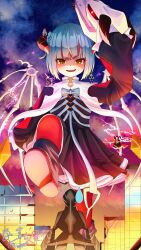 Rule 34 | 6+girls, bungo yayoi, fake horns, giant, giantess, green hair, hat, heaven burns red, highres, holmes hvbn, horns, kanzaki adelheid, long sleeves, multiple girls, night, open mouth, sakuraba seira, satsuki mari, short hair, team 31c (heaven burns red), tenne miko, white hair, wings, yamawaki bon ivar, yellow eyes