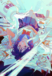 1girl absurdres academic_test bag black_hair blue_skirt bow commentary_request correction_fluid correction_tape from_above full_body highres limited_palette long_hair looking_at_viewer looking_back lying mini_person minigirl on_back open_mouth original paper pleated_skirt red_bow school_bag school_uniform serafuku shirt shoes short_sleeves skirt solo spill sumire_(pwkx4575) unworn_shoes upside-down white_shirt