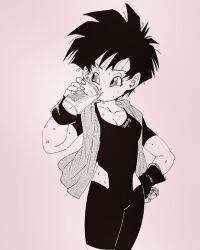 Rule 34 | 1girl, breasts, cleavage, collarbone, cup, dragon ball, dragonball z, fenyon, fingerless gloves, gloves, hand on own hip, hip vent, holding, holding cup, leotard, medium breasts, monochrome, short hair, sweat, towel, videl