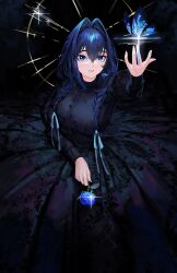 1girl absurdres black_dress blue_butterfly blue_eyes blue_flower blue_hair blue_ribbon blue_rose bug butterfly dress flower hair_intakes hair_ribbon hashtag-only_commentary highres hololive hololive_english insect long_hair low_twintails massiveyog no_apron official_alternate_costume official_alternate_hairstyle ouro_kronii ouro_kronii_(maid) parted_lips ribbon rose solo twintails virtual_youtuber