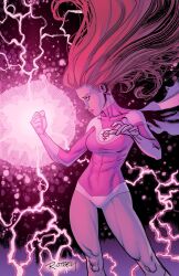 1girl atom_eve breasts cape clenched_hand commentary contrapposto covered_abs earrings electricity energy english_commentary heattech_leotard highres invincible_(series) jewelry leotard long_hair medium_breasts pink_leotard profile red_hair ryan_ottley samantha_eve_wilkins signature solo turtleneck