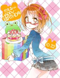 Rule 34 | 1girl, 63snrk, ahoge, birthday cake, blue bow, blue jacket, bow, brown hair, cake, earrings, english text, food, frog, fruit, gift, glasses, gradient clothes, gradient skirt, grey skirt, hair ribbon, highres, holding, holding gift, jacket, jewelry, light blush, long sleeves, looking at viewer, miniskirt, orange eyes, pearl earrings, precure, red-framed eyewear, ribbon, shirabe ako, short hair, skirt, strawberry, suite precure, sweets, yellow bow