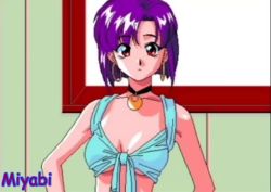 1girl animahjong animahjong_x animated ass breasts choker cleavage denim denim_shorts earrings front-tie_top jewelry looking_at_viewer miyabi_(animahjong) miyabi_(animahjong_x) video nakajima_atsuko navel purple_hair short_hair shorts sogna sound tagme thong undressing
