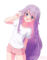 1girl cowboy_shot flat_chest highres hololive hololive_english koseki_bijou long_hair looking_at_viewer open_mouth purple_eyes purple_hair shiroyumin shirt short_shorts short_sleeves shorts sidelocks solo t-shirt thighs v very_long_hair watermark web_address white_background white_shirt