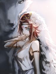 1girl armband blue_eyes breasts cleavage code_geass cosplay creayus dagger female_focus headdress knife kouzuki_kallen mononoke_hime red_hair san_(cosplay) san_(mononoke_hime) short_hair solo weapon wolf