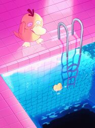 Rule 34 | absurdres, colored skin, gen 1 pokemon, hands on own head, highres, nintendo, no humans, pokemon, pokemon (creature), pool, pool ladder, psyduck, rubber duck, standing, taplaos, water, yellow skin