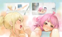 2girls absurdres ahoge air_conditioner alternate_hairstyle bathing bathroom bathtub blonde_hair blunt_bangs blunt_ends blush cellphone closed_eyes closed_mouth commentary dizzy gyaru hair_bun hair_up half-closed_eyes hand_to_own_mouth head_rest highres holding holding_phone hose laughing leaning_on_object leg_up looking_at_phone looking_at_viewer love_live! love_live!_nijigasaki_high_school_idol_club medium_hair miyashita_ai moshi_(0364p) multiple_girls nude open_mouth outside_border outstretched_arms outstretched_leg panels parted_lips phone pink_hair shampoo_bottle single_hair_bun soap_bottle steam tennoji_rina tile_wall tiles video_call water wet window yellow_eyes