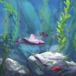 aquarium blurry close-up depth_of_field fish goldfish light_particles light_rays no_humans original painterly rock seaweed still_life stingray underwater zandra