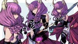Rule 34 | 1girl, absurdres, aura (sousou no frieren), bare shoulders, boots, braid, breasts, cape, choppy bangs, clothing cutout, demon girl, demon horns, detached sleeves, from below, hair between eyes, highres, holding, holding sword, holding weapon, horns, jesse schickler, medium breasts, multiple views, navel, navel cutout, pleated skirt, purple hair, sideboob, skirt, solo, sousou no frieren, sword, thigh boots, upper body, weapon, weighing scale, white skirt