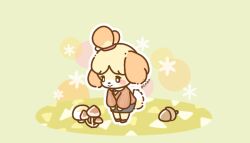 1girl acorn animal_crossing animal_ears asakoline black_eyes blush_stickers bright_pupils brown_footwear brown_sweater dog_ears dog_girl dog_tail full_body furry furry_female green_background grey_skirt isabelle_(animal_crossing) mushroom nintendo signature skirt smile solo sweater tail topknot white_pupils