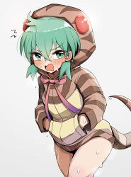 1girl bare_legs blue_eyes blush bow bowtie brown_hoodie cowboy_shot diz_(diznaoto) dress embarrassed green_hair hair_between_eyes hands_in_pockets highres hood hoodie kemono_friends long_sleeves looking_at_viewer open_mouth pink_bow pink_bowtie print_hoodie short_hair sidelocks snake_girl snake_print snake_tail solo sweatdrop sweater sweater_dress tail tsuchinoko_(kemono_friends) yellow_hoodie
