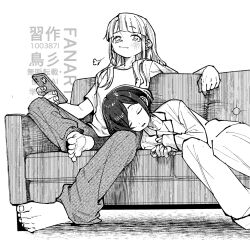 100387l 2girls alternate_costume alternate_hairstyle barefoot blunt_bangs blush cellphone closed_eyes closed_mouth couch foot_up fukurai_azami full_body greyscale hair_down highres holding holding_phone lap_pillow long_hair long_sleeves lying lying_on_person monochrome multiple_girls on_couch pajamas pants phone shirt short_hair sitting sleeping sleeping_on_person smartphone smile tomarigi_yasumi toshi_densetsu_kaitai_center white_background