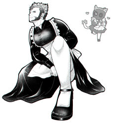 2boys four-finger_heart_hands animal_ears animification apron beard cat_ears cat_tail chibi closed_mouth commentary_request crossdressing deadpool deadpool_&amp;_wolverine deadpool_(series) doghooouse facial_hair heart heart_hands highres large_pectorals long_sleeves maid maid_headdress male_focus marvel marvel_cinematic_universe mary_janes monochrome multiple_boys muscular muscular_male on_one_knee pectorals shoes short_hair tail thighhighs thighs wolverine_(x-men) x-men