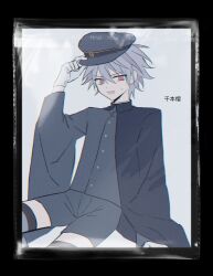 1boy adjusting_clothes adjusting_headwear alternate_costume black_hat black_jacket black_shorts buttons chinese_commentary chromatic_aberration commentary_request feiyingliaoluan-haruto gloves grey_hair hair_between_eyes hat highres jacket long_sleeves male_focus open_mouth red_eyes saibou_shinkyoku short_hair shorts sitting smile solo sweat theodore_riddle v-shaped_eyebrows white_gloves wide_sleeves
