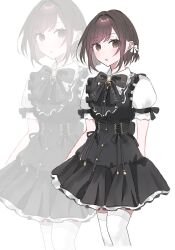 1girl :o black_bow black_bowtie black_dress blush bow bowtie braid brown_eyes brown_hair dress frills hair_bow highres jewelry looking_at_viewer moch2shop project_sekai puffy_short_sleeves puffy_sleeves ribbon shinonome_ena short_hair short_sleeves simple_background solo thighhighs white_background white_thighhighs zoom_layer