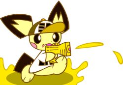 baseball_cap chibikemo clothed_pokemon flat_color gen_2_pokemon hat highres nacchan_(xiaoxiatuzi) nintendo no_humans pichu pokemon pokemon_(creature) pokemon_focus shirt simple_background splatoon_(series) splattershot_jr._(splatoon) white_background white_shirt