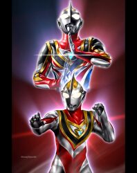 Rule 34 | 1boy, alien, armor, blue skin, breastplate, clenched hand, collarbone, color timer, colored skin, commentary, compound eyes, cropped torso, diffraction spikes, dorsal fin, fighting stance, glowing, glowing eyes, gold trim, hands up, hanejidyna86, highres, looking ahead, male focus, multicolored skin, multiple views, muscular, muscular male, outstretched arm, pectorals, pillarboxed, red background, red skin, shoulder armor, silver skin, solo, standing, tokusatsu, toned, toned male, twitter username, ultra series, ultraman gaia, ultraman gaia (series), ultraman gaia (supreme version), upper body, white eyes, wrinkled skin