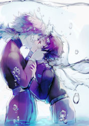 2boys absurdres air_bubble belt black_hair bubble couple cowboy_shot face_hold from_side hakeburashi hand_on_another&#039;s_arm hands_on_another&#039;s_face height_difference highres kamado_tanjirou kimetsu_no_yaiba kiss long_hair long_sleeves looking_at_another male_focus multiple_boys pleated_pants ponytail profile red_eyes scar scar_on_face scar_on_forehead see-through_clothes short_hair submerged tomioka_giyuu underwater veil yaoi