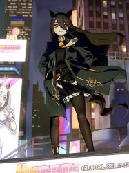1girl 2025 absurdres ahoge animal_ears belt black_belt black_coat black_hair black_shirt black_skirt building city closed_mouth cloud cloudy_sky coat collared_shirt floating_clothes floating_hair full_body grey_hair hair_between_eyes hands_in_pockets highres horse_ears horse_girl horse_tail long_hair long_hair_between_eyes long_sleeves looking_at_viewer manhattan_cafe_(umamusume) multicolored_hair nail_polish necktie night no_uwazumi on_rooftop open_clothes open_coat outdoors shirt skirt sky solo special_week_(umamusume) sunday_silence_(racehorse) tail umamusume very_long_hair white_hair wrist_cuffs yellow_eyes yellow_necktie