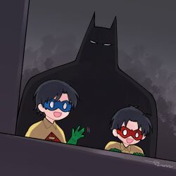 3boys :d batman batman_(series) black_hair brothers bruce_wayne cape child cropped cropped_torso dc_comics deformed dick_grayson domino_mask father_and_son happy hwen118 jason_todd mask multiple_boys open_mouth polar_opposites robin_(dc) siblings simple_background smile superhero_costume waving yellow_cape