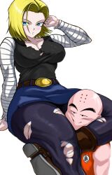 1boy 1girl android_18 bald bald_male black_eyes blonde_hair blue_eyes blush breasts cleavage couple dragon_ball embarrassed happy head_between_thighs husband_and_wife kuririn leg_lock looking_at_viewer muscular muscular_male pantyhose smile thick_thighs thighs torn_clothes torn_pantyhose white_background
