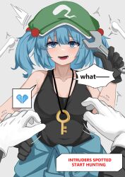 blush broken_heart dashed_eyes frown heart highres holding_tool jager kawashiro_nitori key shirt solo t-shirt tears touhou upper_body