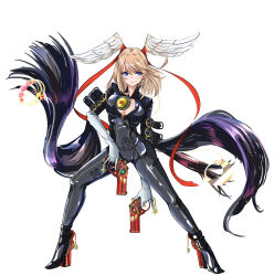 bayonetta bayonetta_(cosplay) bayonetta_(series) bayonetta_1 black_bodysuit blue_eyes bodysuit breasts brown_hair cleavage commission cosplay eunie_(xenoblade) feathered_wings full_body gloves gun head_wings highres holding holding_gun holding_weapon medium_breasts medium_hair quadruple_wielding simple_background sofusan1526 weapon white_background white_gloves wings xenoblade_chronicles_(series) xenoblade_chronicles_3
