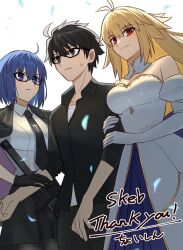 Rule 34 | 1boy, 2girls, ahoge, annoyed, archetype earth, arcueid brunestud, arm hug, bare shoulders, black eyes, black hair, black jacket, black shirt, blonde hair, blue eyes, blue hair, breasts, c.i.e.l (fate), ciel-sensei (fate), ciel (tsukihime), cleavage, detached sleeves, dress, fate/grand order, fate (series), glasses, grabbing another&#039;s arm, highres, jacket, jealous, large breasts, light blush, long hair, multiple girls, necktie, open clothes, open jacket, red eyes, shintyoi2, shirt, short hair, signature, smile, sweatdrop, sword, tohno shiki, tsukihime, weapon, white dress, white shirt