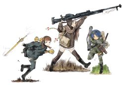 3girls anti-materiel_rifle backpack bad_id bad_pixiv_id bag braid cross gun hairband hat headset high-explosive_anti-tank_(warhead) highres iron_cross man-portable_anti-tank_systems mars_expedition multiple_girls panzerfaust recoilless_gun rifle rocket_launcher rpg_(weapon) short_hair shoulder_bag sniper_rifle thighhighs weapon y_(khakiyawn)