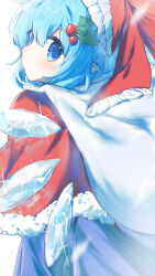 Rule 34 | 1girl, blue dress, blue eyes, blue hair, bow, capelet, christmas, cirno, commentary request, dress, frilled bow, frills, from behind, highres, ice, ice wings, looking back, mistletoe hair ornament, pointy ears, profile, red bow, red capelet, santa costume, solo, touhou, white background, wings, yuanyuanshao