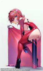 1girl ass bad_tag blue_eyes blush breasts censored dildo earrings full_body gaping gloves hair_intakes hair_ornament high_heels highres jewelry kakuchou_no_ou looking_at_viewer looking_back medium_breasts mosaic_censoring multicolored_hair nipples object_insertion piercing pussy pussy_juice red_hair sex_toy short_hair simple_background solo two-tone_hair vaginal vaginal_object_insertion