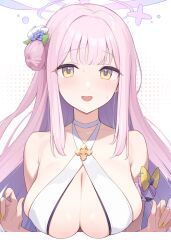 Rule 34 | 1girl, bare shoulders, bikini, blue archive, blush, breasts, cleavage, criss-cross halter, enosan, flower, hair bun, hair flower, hair ornament, hair scrunchie, halo, halterneck, highres, large breasts, long hair, looking at viewer, mika (blue archive), open mouth, pink hair, scrunchie, sidelocks, single side bun, smile, solo, swimsuit, white bikini, yellow eyes