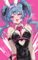 1girl absurdres animal_ears bare_shoulders black_leotard blue_eyes breasts chest_harness cleavage clothing_cutout cutout_above_navel detached_collar fake_animal_ears harness hatsune_miku heart heart-shaped_pupils heart_cutout highres implied_sex large_breasts leotard long_hair one_eye_closed open_mouth pink_background playboy_bunny purple_eyes r0_0ong rabbit_ears rabbit_hole_(vocaloid) simple_background solo spaghetti_strap symbol-shaped_pupils teardrop_facial_mark tongue tongue_out twintails upper_body vocaloid