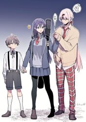 1girl 2boys 6tnut9 :d ^^^ aged_down ahoge artist_name bandaged_hand bandages black_pantyhose black_ribbon black_shorts blazer blue_background brown_cardigan brown_eyes brown_hair brown_shoes cardigan clenched_hand closed_mouth collared_shirt commentary_request crossed_bangs frown genderswap genderswap_(ftm) genderswap_(mtf) ghost gradient_background green_eyes grey_jacket grey_skirt grey_sweater hair_between_eyes hair_ornament hair_ribbon hairclip hand_in_pocket hand_up holding_hands jacket kagami_hayato kenmochi_touko kenmochi_touya kenmochi_touya_(1st_costume) kneehighs lapels long_hair long_sleeves looking_at_another low_ponytail multiple_boys neck_ribbon necktie nijisanji omamori open_clothes open_jacket open_mouth pants pantyhose parted_bangs pink_hair plaid_clothes plaid_necktie plaid_pants pleated_skirt ponytail purple_hair red_eyes red_necktie red_pants red_ribbon ribbon school_uniform shaded_face shiina_shii shiina_yuika shiina_yuika_(1st_costume) shirt shirt_tucked_in shoes short_hair shorts sidelocks skirt smile socks speech_bubble spoken_ghost standing surprised suspender_shorts suspenders sweatdrop sweater teeth v-shaped_eyebrows very_long_hair virtual_youtuber weapon_bag white_background white_shirt white_socks wide-eyed wing_collar