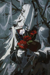 Rule 34 | 1boy, bare tree, black coat, charon (reverse:1999), coat, covered face, dao&#039;an, dog tags, facing viewer, flower, gloves, grey background, hands up, highres, holding, holding dog tags, holding flower, holding notebook, male focus, notebook, poppy (flower), red flower, reverse:1999, solo, tree, upper body, veil, white gloves, white veil, wooden floor