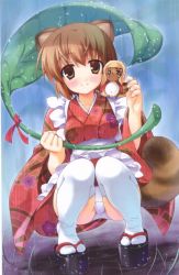 Rule 34 | 1girl, animal ears, blush, brown eyes, brown hair, character request, female focus, floral print, frills, giant leaf, highres, holding, japanese clothes, leaf umbrella, long sleeves, minase, moe moe youkai jiten, outdoors, panties, raccoon ears, raccoon tail, rain, sandals, short hair, smile, solo, tail, tanuki, thighhighs, underwear, white background, white panties, wide sleeves