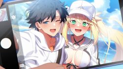 1boy 1girl absurdres artoria_caster_(fate) artoria_caster_(swimsuit_berserker)_(fate) artoria_caster_(swimsuit_berserker)_(first_ascension)_(fate) artoria_pendragon_(fate) baseball_cap beach bikini blue_eyes blue_sky blush breasts cellphone cellphone_photo cloud commentary commission cropped_jacket english_commentary fate/grand_order fate_(series) fujimaru_ritsuka_(male) fujimaru_ritsuka_(male)_(summer_street) green_eyes hat highres holding holding_phone hood hood_down hoodie jacket kpaoi long_hair medium_breasts ocean official_alternate_costume one_eye_closed open_mouth outdoors phone selfie skeb_commission sky smile swimsuit twintails very_long_hair water white_hat white_hoodie white_jacket