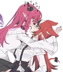 2girls after_kiss animal_ears black_hair blue_eyes blush bow breasts commentary_request crystal_wings eye_contact fang hakos_baelz halo hololive hololive_english horns irys_(hololive) long_hair looking_at_another mouse_ears mouse_tail multicolored_hair multiple_girls open_mouth pointy_ears purple_eyes purple_hair ramphastostella red_hair saliva saliva_trail tail tail_bow tail_ornament virtual_youtuber white_hair wings yuri