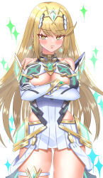 1girl absurdres blush breasts chest_jewel core_crystal_(xenoblade) cowboy_shot crossed_arms earrings highres jewelry large_breasts looking_at_viewer meipasuye mythra_(xenoblade) simple_background solo sparkle tiara white_background xenoblade_chronicles_(series) xenoblade_chronicles_2