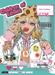 1girl absurdres alternate_costume blonde_hair braid candy chibi english_text food genshin_impact green_eyes hat highres holding holding_candy holding_food holding_lollipop jacket jaguar_girl jaguar_tail lollipop long_sleeves looking_at_viewer medium_hair multicolored_hair multicolored_nails multiple_views nail_polish open_clothes open_jacket open_mouth shiba_(tonari_no_shiba_inu) tail upper_body watermark white_jacket xilonen_(genshin_impact)
